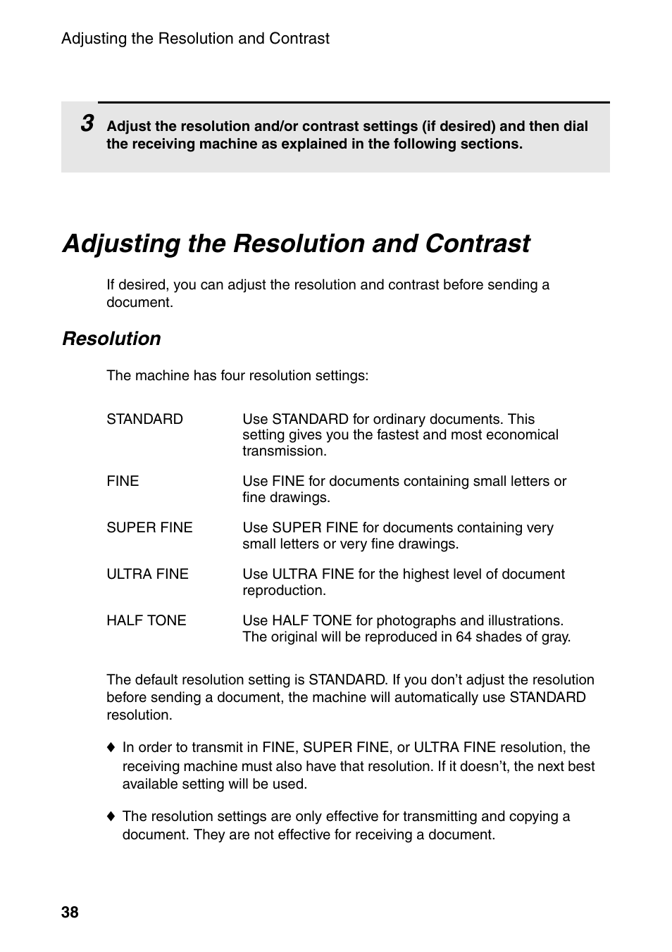 Adjusting the resolution and contrast, Resolution | Sharp FO-DC535 User Manual | Page 40 / 248