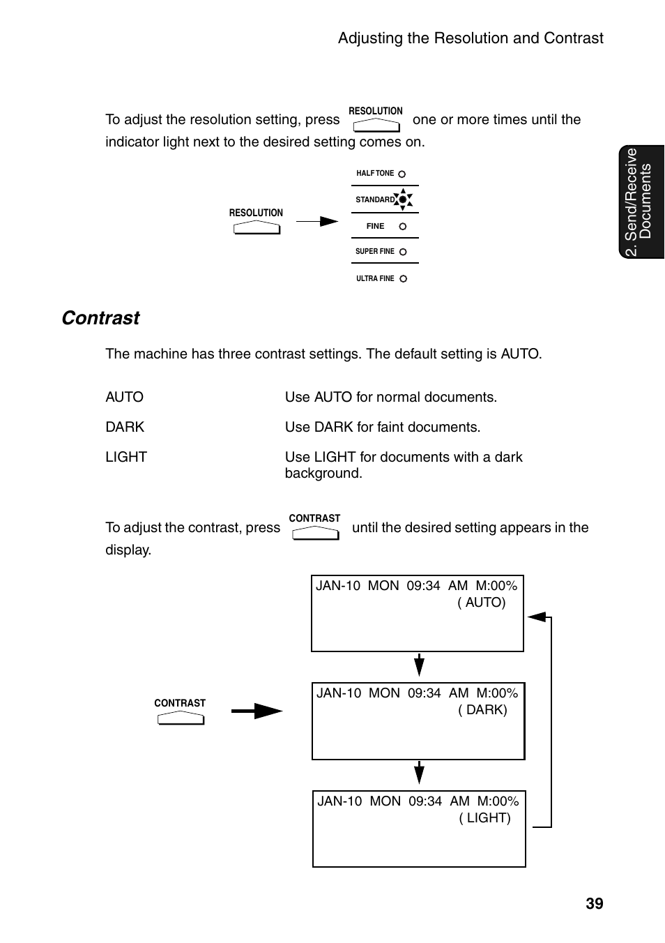 Contrast, Adjusting the resolution and contrast 39 | Sharp FO-DC535 User Manual | Page 41 / 248