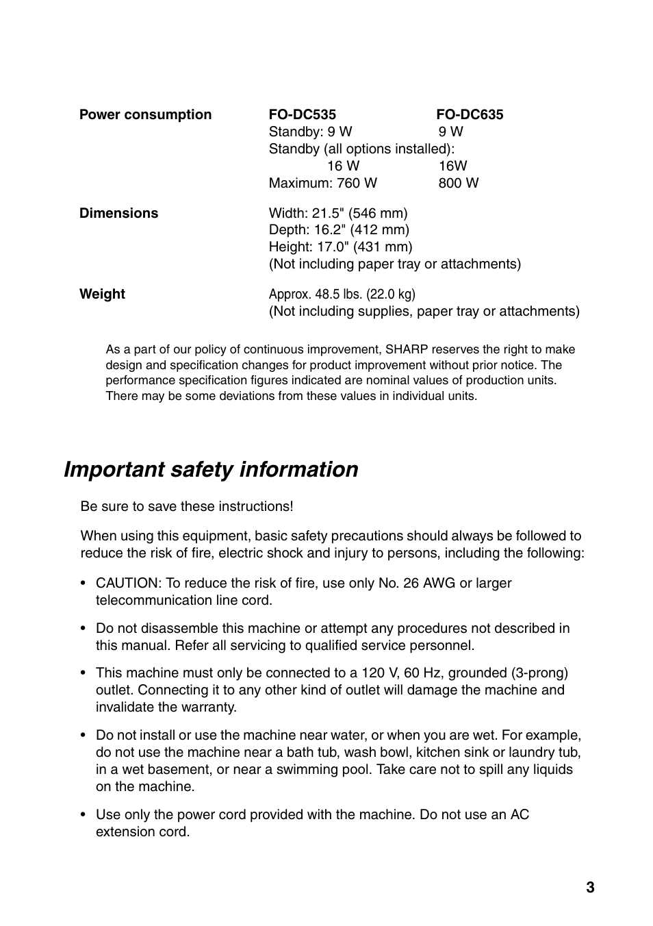 Important safety information | Sharp FO-DC535 User Manual | Page 5 / 248