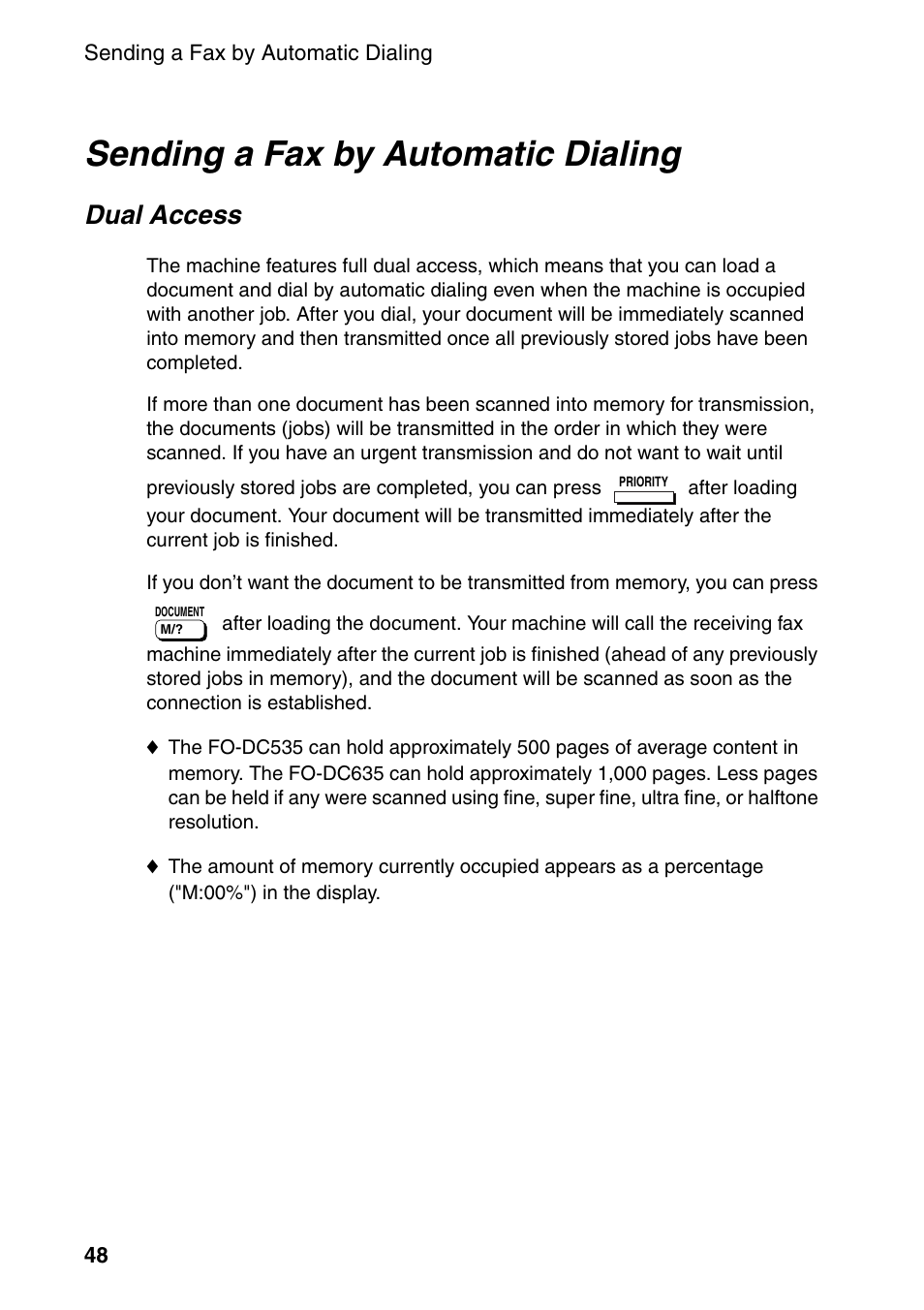 Sending a fax by automatic dialing, Dual access | Sharp FO-DC535 User Manual | Page 50 / 248