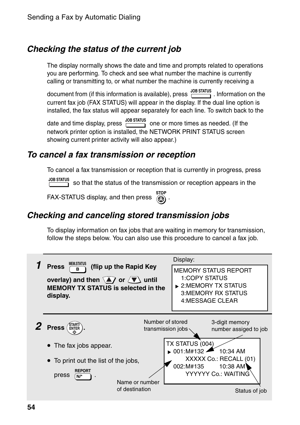 Checking the status of the current job, Checking and canceling stored transmission jobs | Sharp FO-DC535 User Manual | Page 56 / 248