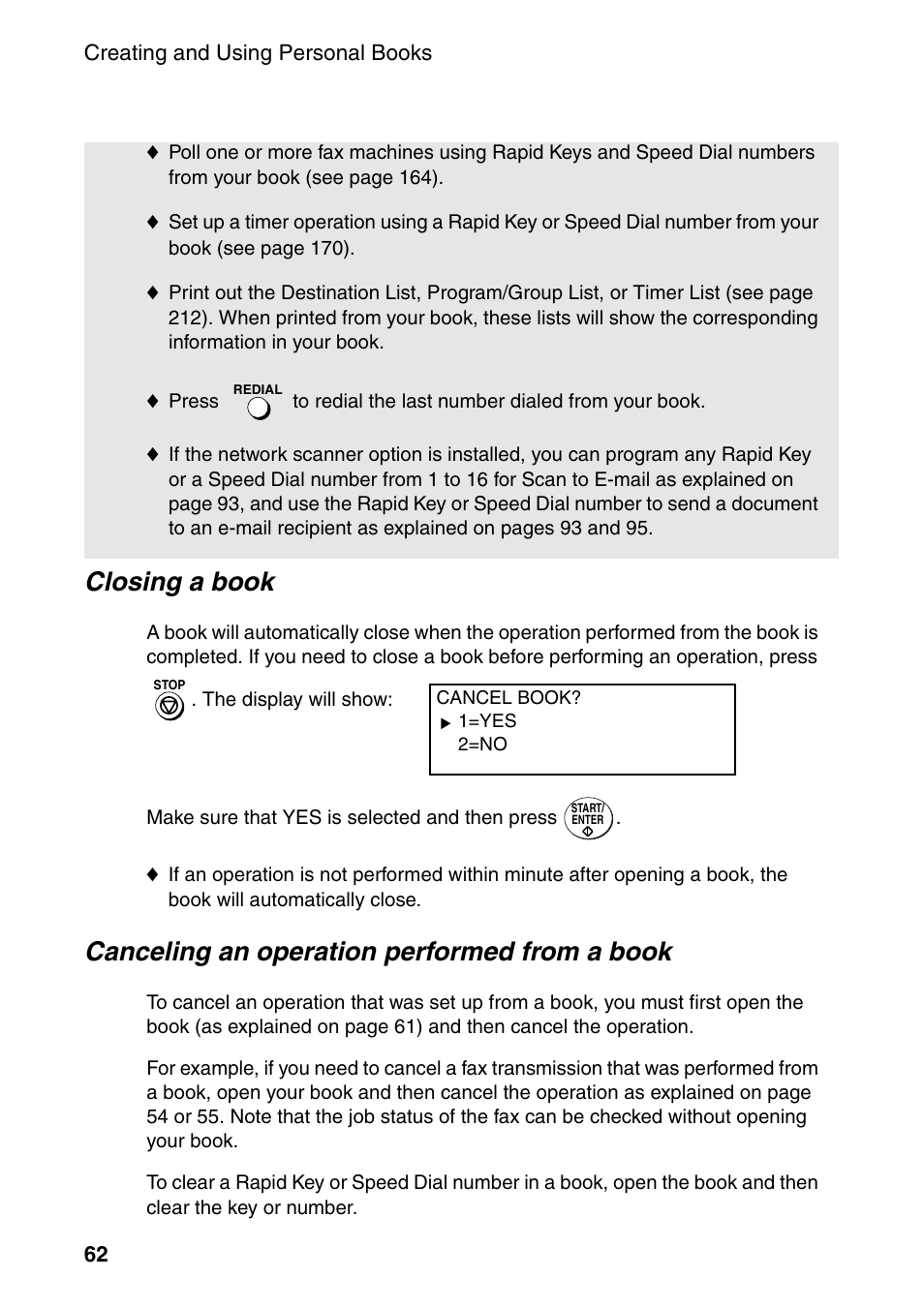 Closing a book, Canceling an operation performed from a book | Sharp FO-DC535 User Manual | Page 64 / 248