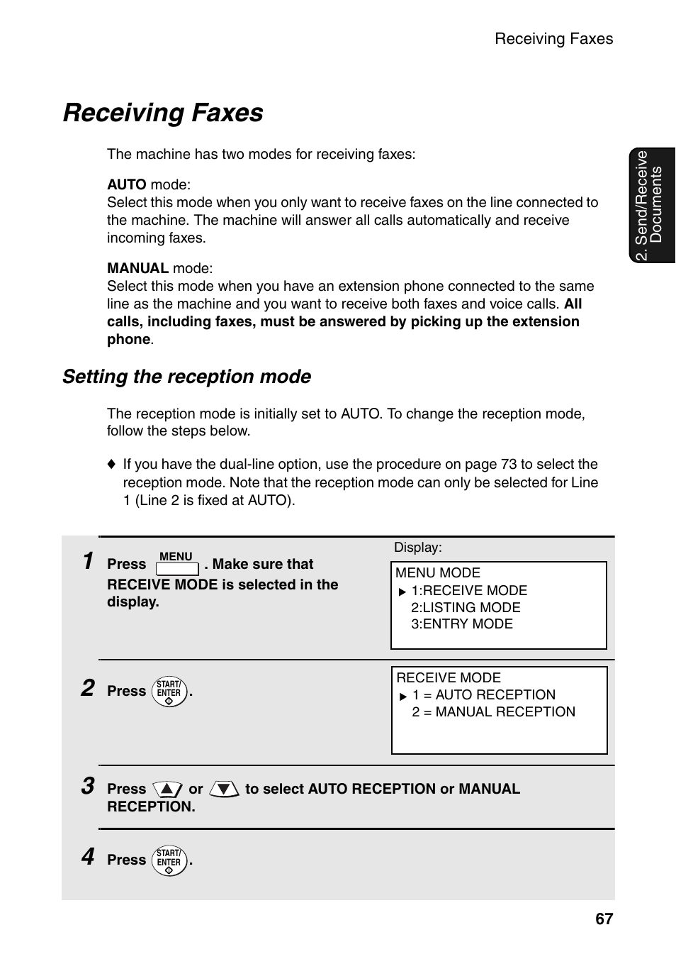 Receiving faxes, Setting the reception mode | Sharp FO-DC535 User Manual | Page 69 / 248