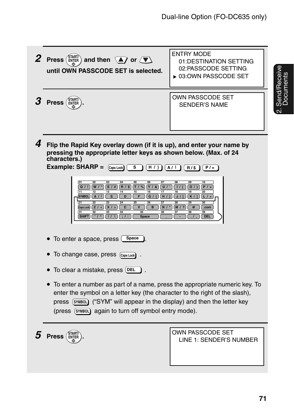 Send/receiv e documents, Press, Own passcode set line 1: sender’s number | Sharp FO-DC535 User Manual | Page 73 / 248