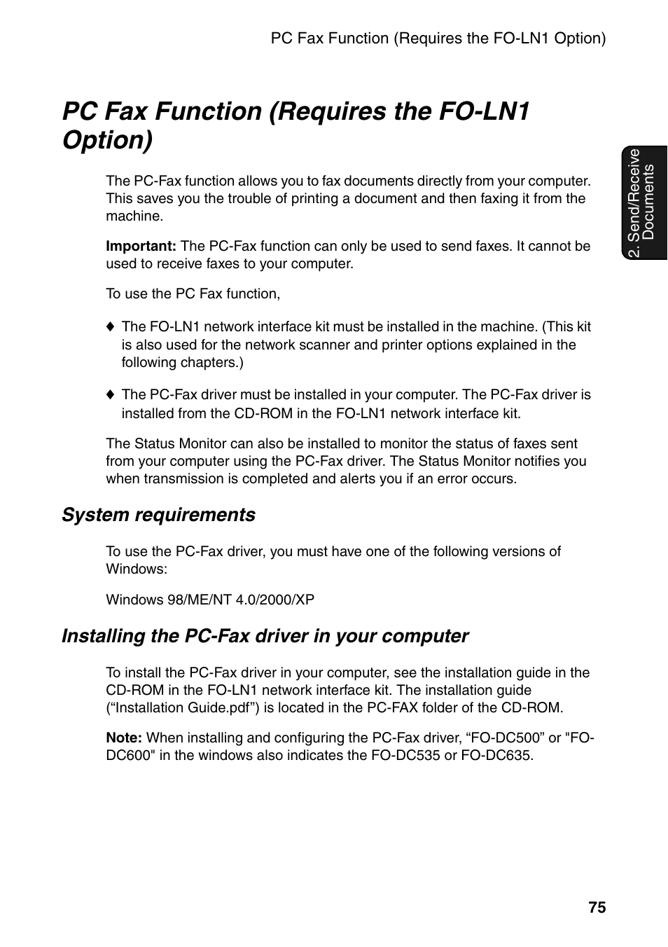 Pc fax function (requires the fo-ln1 option), System requirements, Installing the pc-fax driver in your computer | Sharp FO-DC535 User Manual | Page 77 / 248