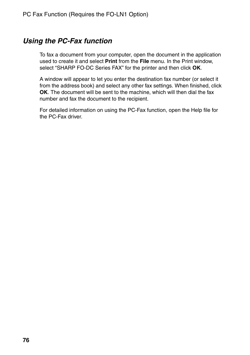 Using the pc-fax function | Sharp FO-DC535 User Manual | Page 78 / 248