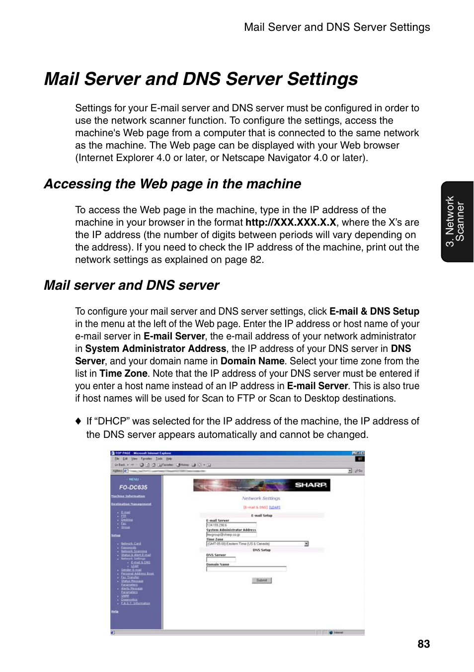 Mail server and dns server settings, Obta, Accessing the web page in the machine | Mail server and dns server | Sharp FO-DC535 User Manual | Page 85 / 248