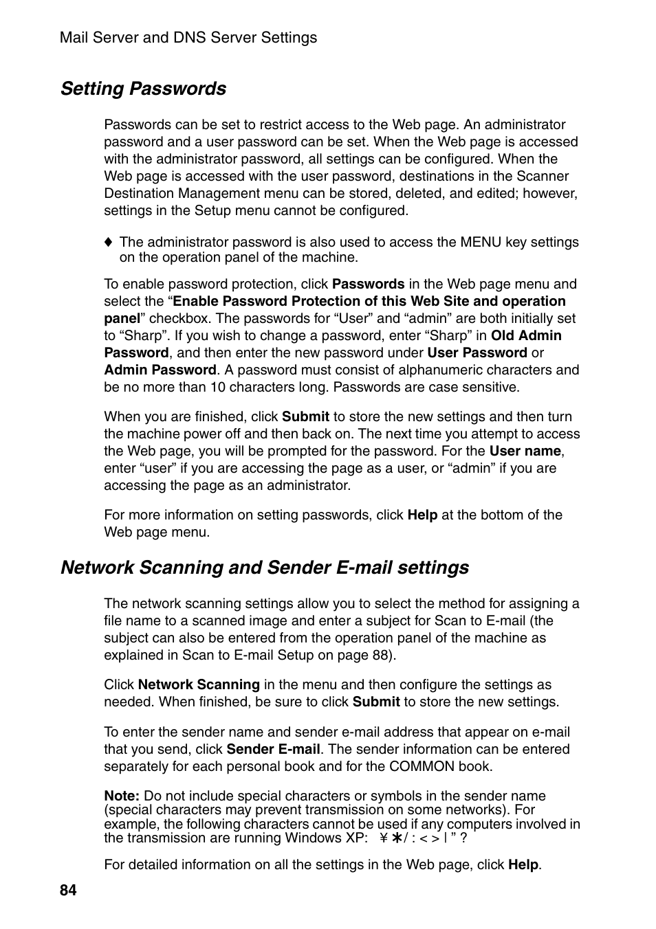 Setting passwords, Network scanning and sender e-mail settings | Sharp FO-DC535 User Manual | Page 86 / 248