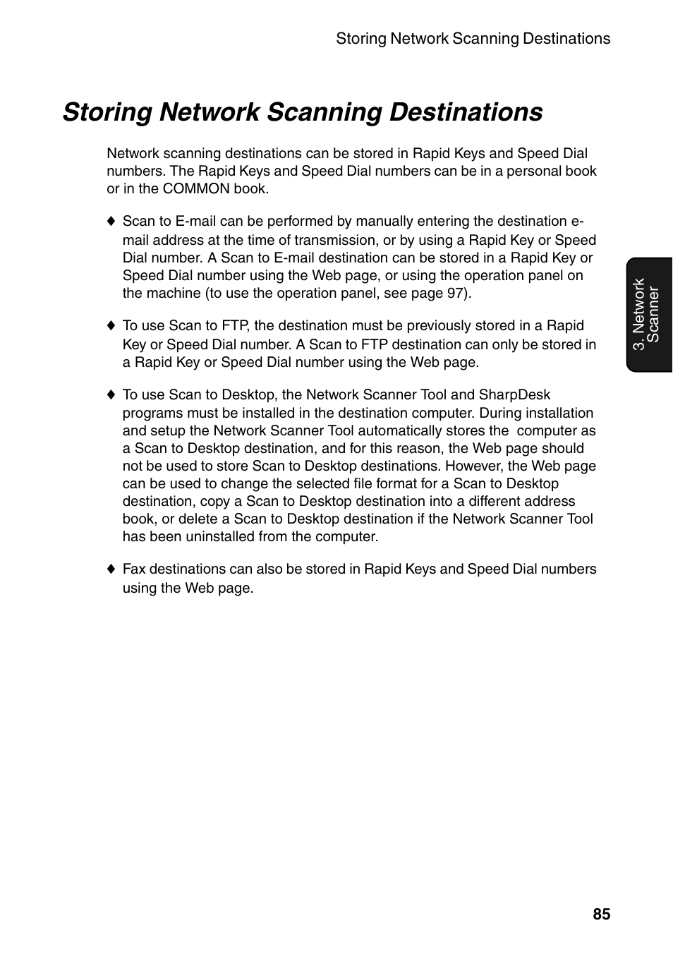 Storing network scanning destinations, Age 85 | Sharp FO-DC535 User Manual | Page 87 / 248