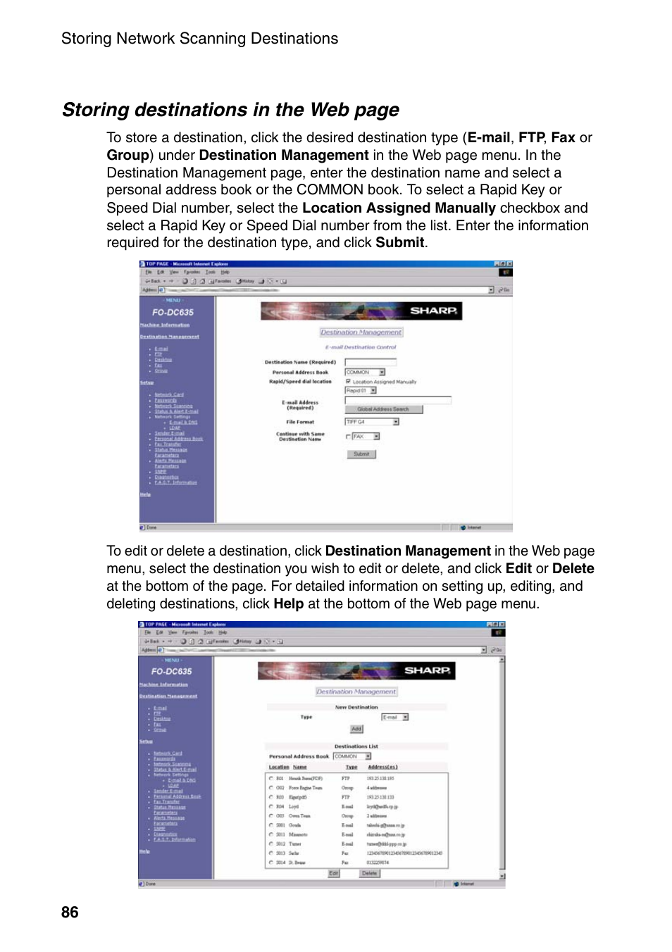 Storing destinations in the web page | Sharp FO-DC535 User Manual | Page 88 / 248