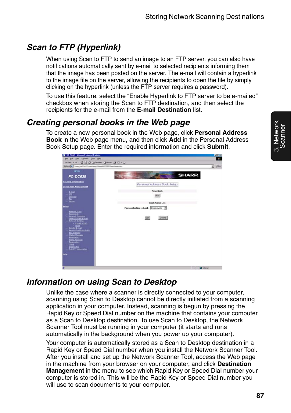 Scan to ftp (hyperlink), Creating personal books in the web page, Information on using scan to desktop | Sharp FO-DC535 User Manual | Page 89 / 248