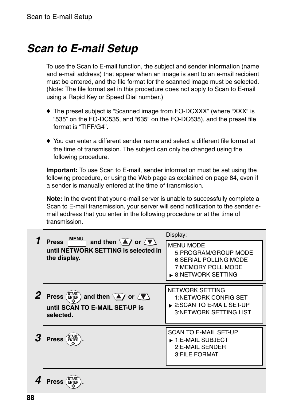 Scan to e-mail setup, Ge 88 | Sharp FO-DC535 User Manual | Page 90 / 248