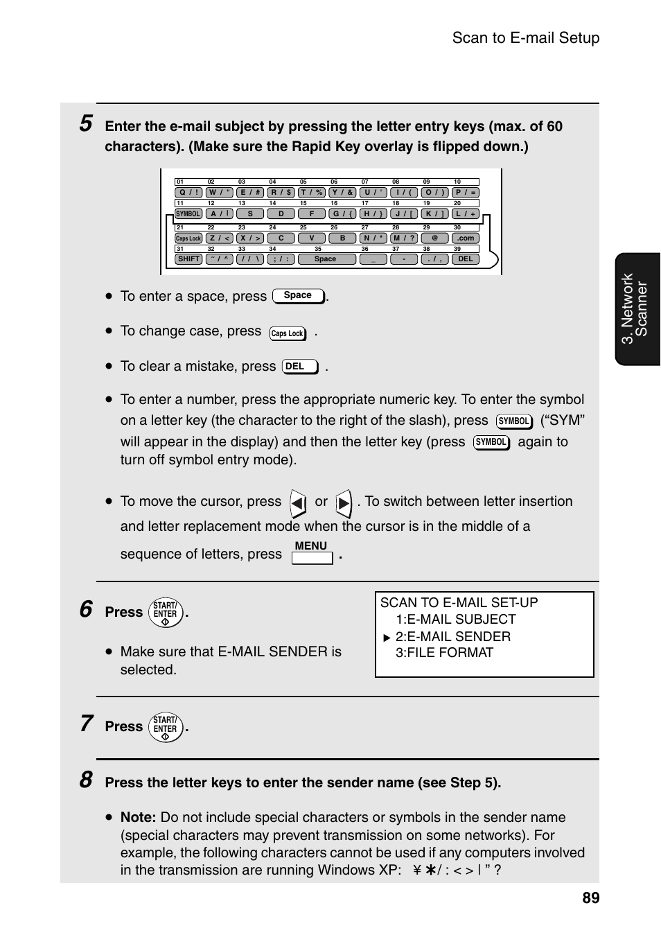 Scan to e-mail setup 89, Netw or k scanner, Press | Make sure that e-mail sender is selected | Sharp FO-DC535 User Manual | Page 91 / 248