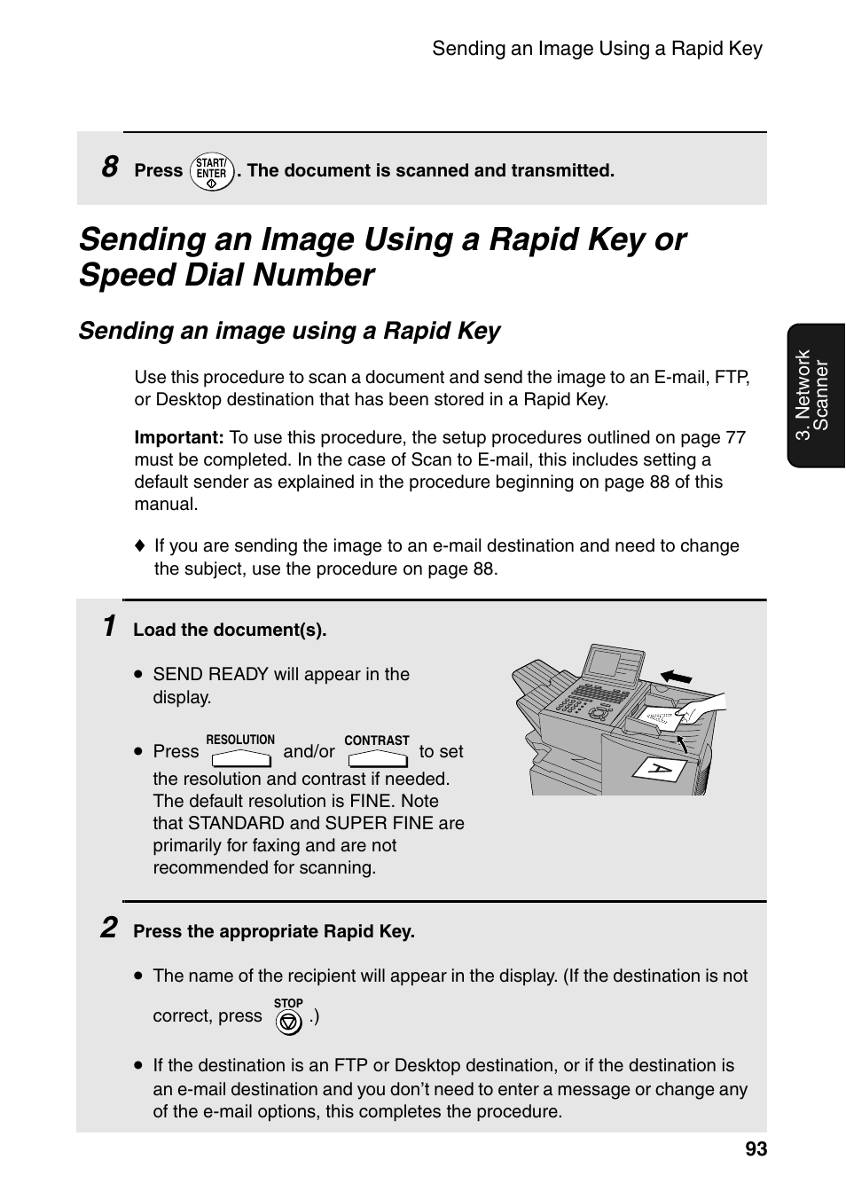 E 93, Ges 93 and, Age 93 | Es 93, Sending an image using a rapid key | Sharp FO-DC535 User Manual | Page 95 / 248