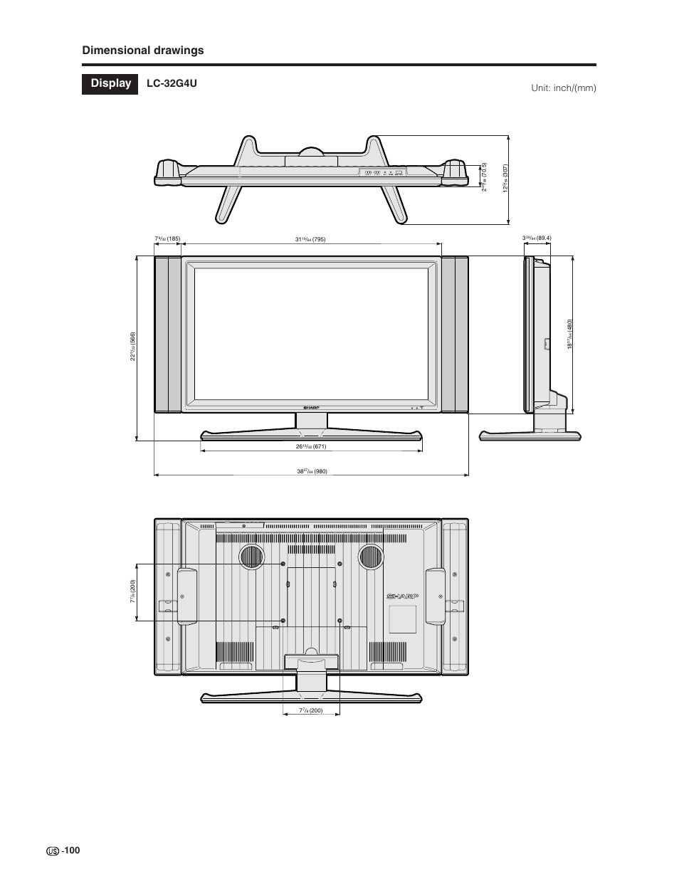 Display dimensional drawings, Lc-32g4u, 100 unit: inch/(mm) | Sharp Aquos LC 32G4U User Manual | Page 100 / 104