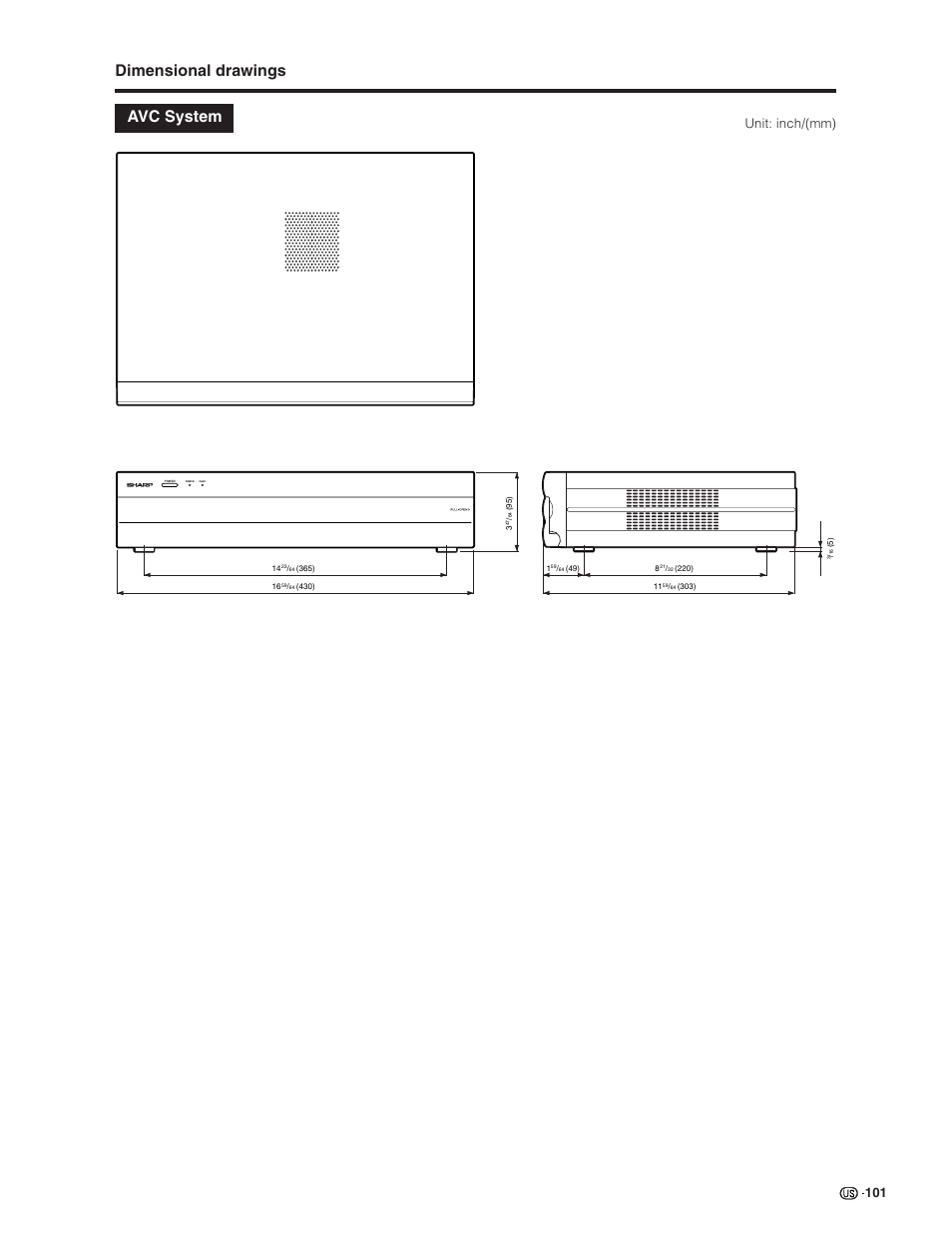 Dimensional drawings, Avc system, Unit: inch/(mm) | Sharp Aquos LC 32G4U User Manual | Page 101 / 104