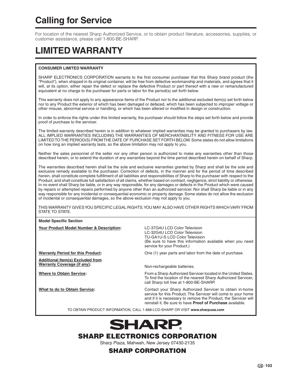 Calling for service, Limited warranty, Sharp electronics corporation | Sharp corporation | Sharp Aquos LC 32G4U User Manual | Page 103 / 104