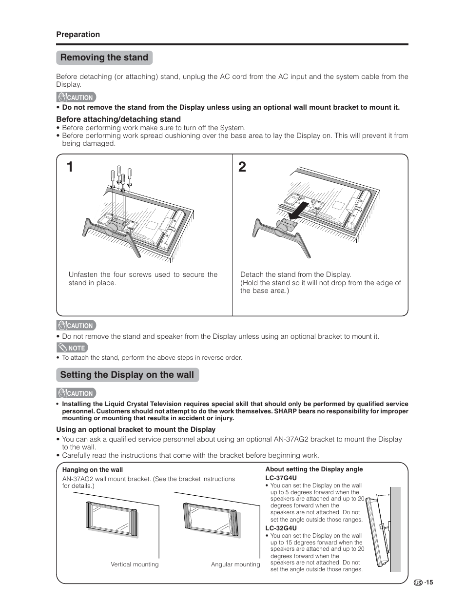 Removing the stand, Setting the display on the wall | Sharp Aquos LC 32G4U User Manual | Page 15 / 104