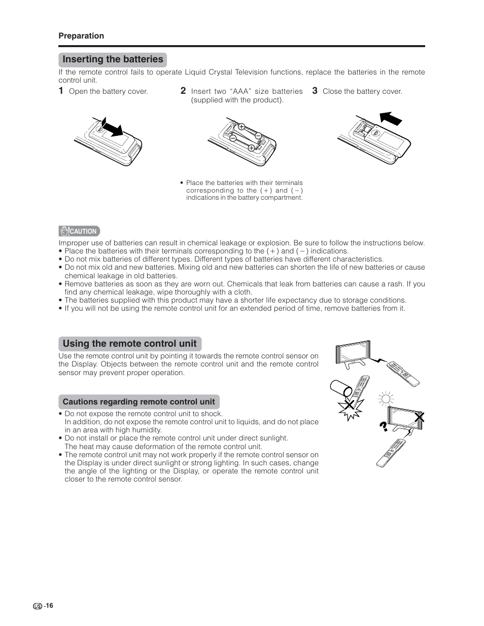 Inserting the batteries, Using the remote control unit | Sharp Aquos LC 32G4U User Manual | Page 16 / 104