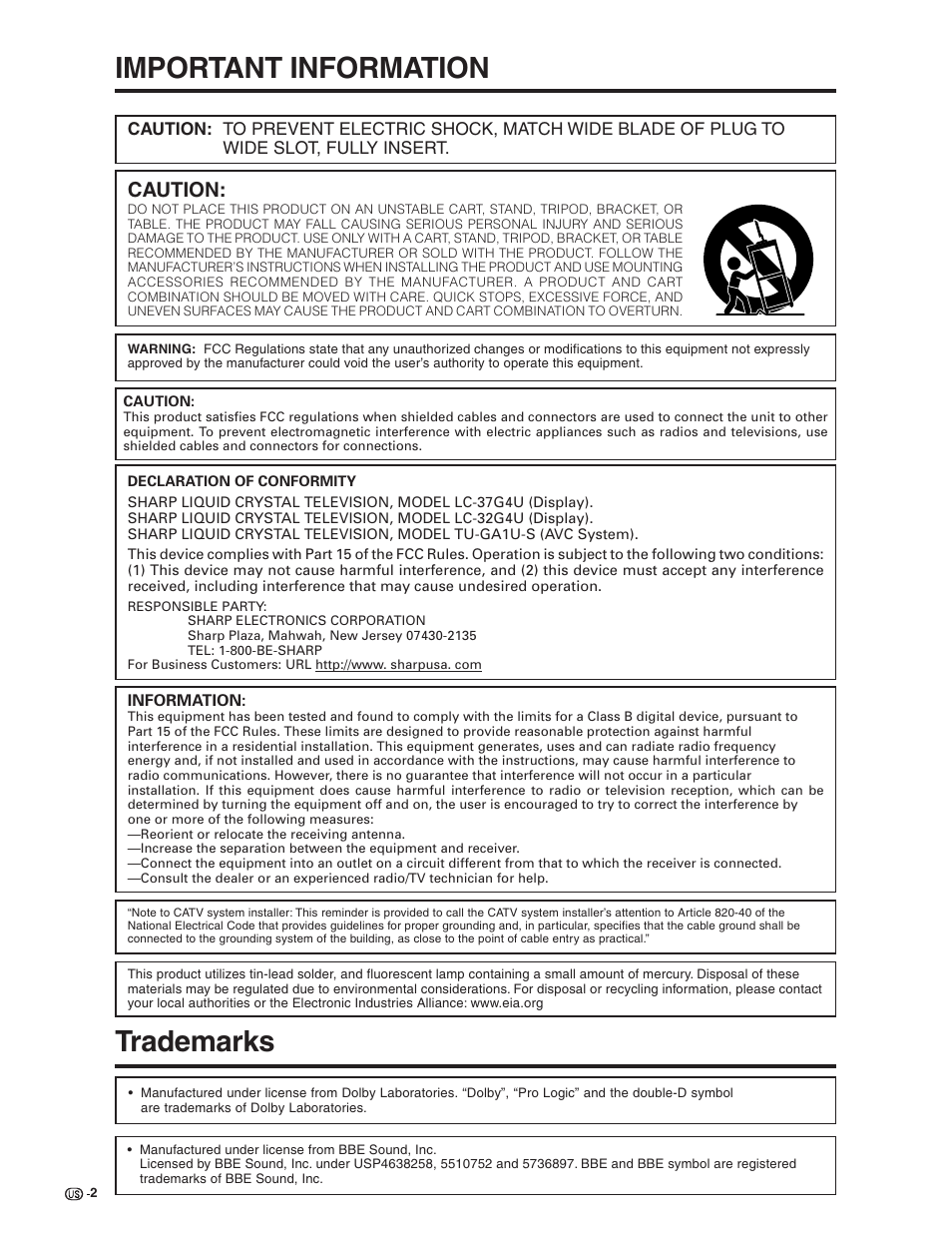 Important information, Trademarks, Caution | Sharp Aquos LC 32G4U User Manual | Page 2 / 104