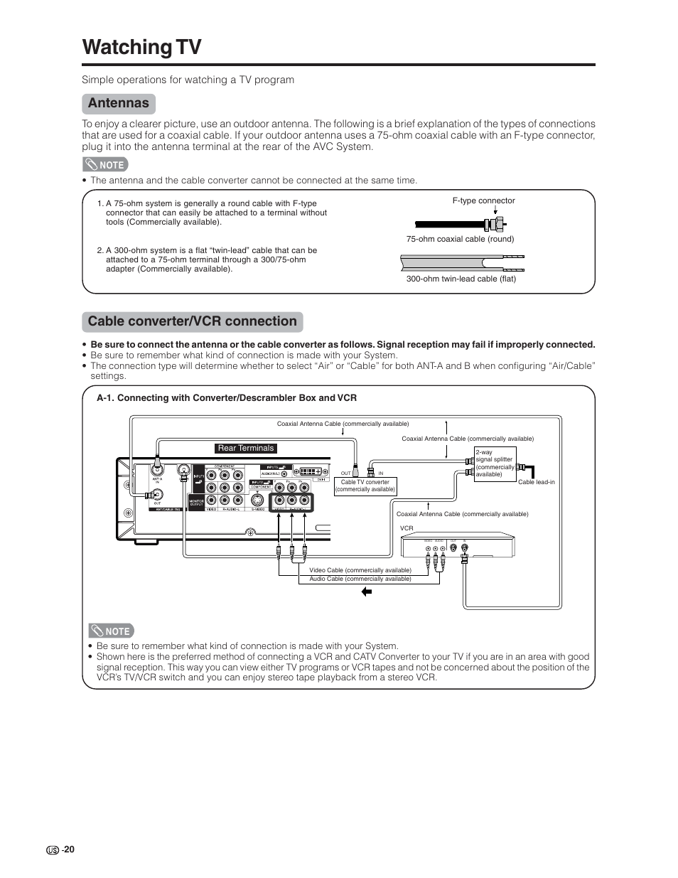 Watching tv, Antennas, Cable converter/vcr connection | Sharp Aquos LC 32G4U User Manual | Page 20 / 104