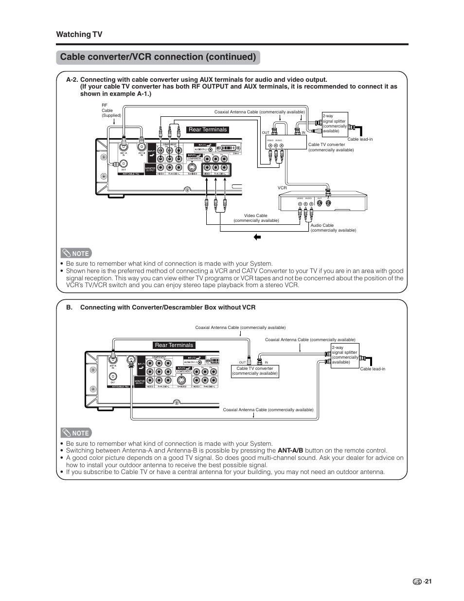 Cable converter/vcr connection (continued), Watching tv | Sharp Aquos LC 32G4U User Manual | Page 21 / 104