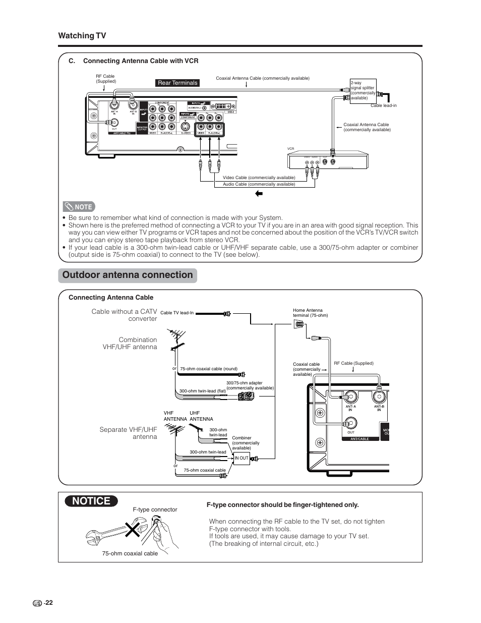 Notice, Outdoor antenna connection, Watching tv | Sharp Aquos LC 32G4U User Manual | Page 22 / 104