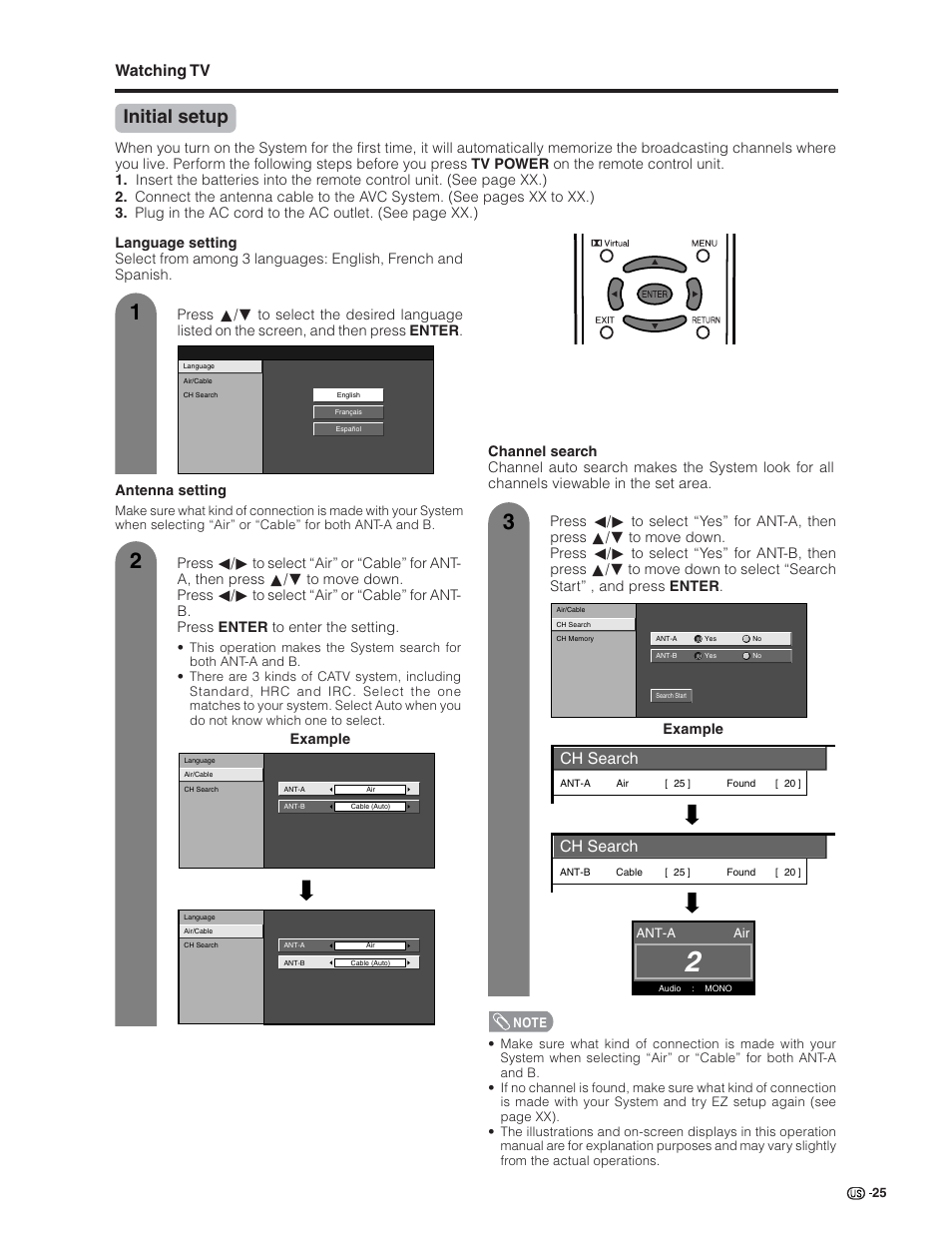 Initial setup, Watching tv, Ch search | Sharp Aquos LC 32G4U User Manual | Page 25 / 104