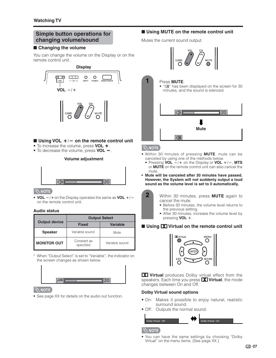 Simple button operations for changing volume/sound | Sharp Aquos LC 32G4U User Manual | Page 27 / 104