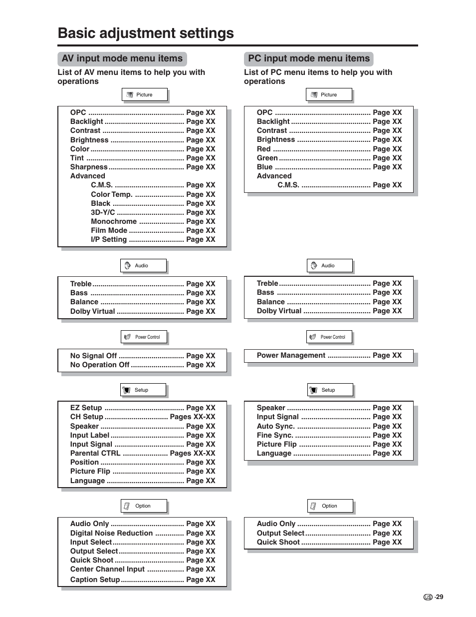 Basic adjustment settings, Av input mode menu items, Pc input mode menu items | Sharp Aquos LC 32G4U User Manual | Page 29 / 104