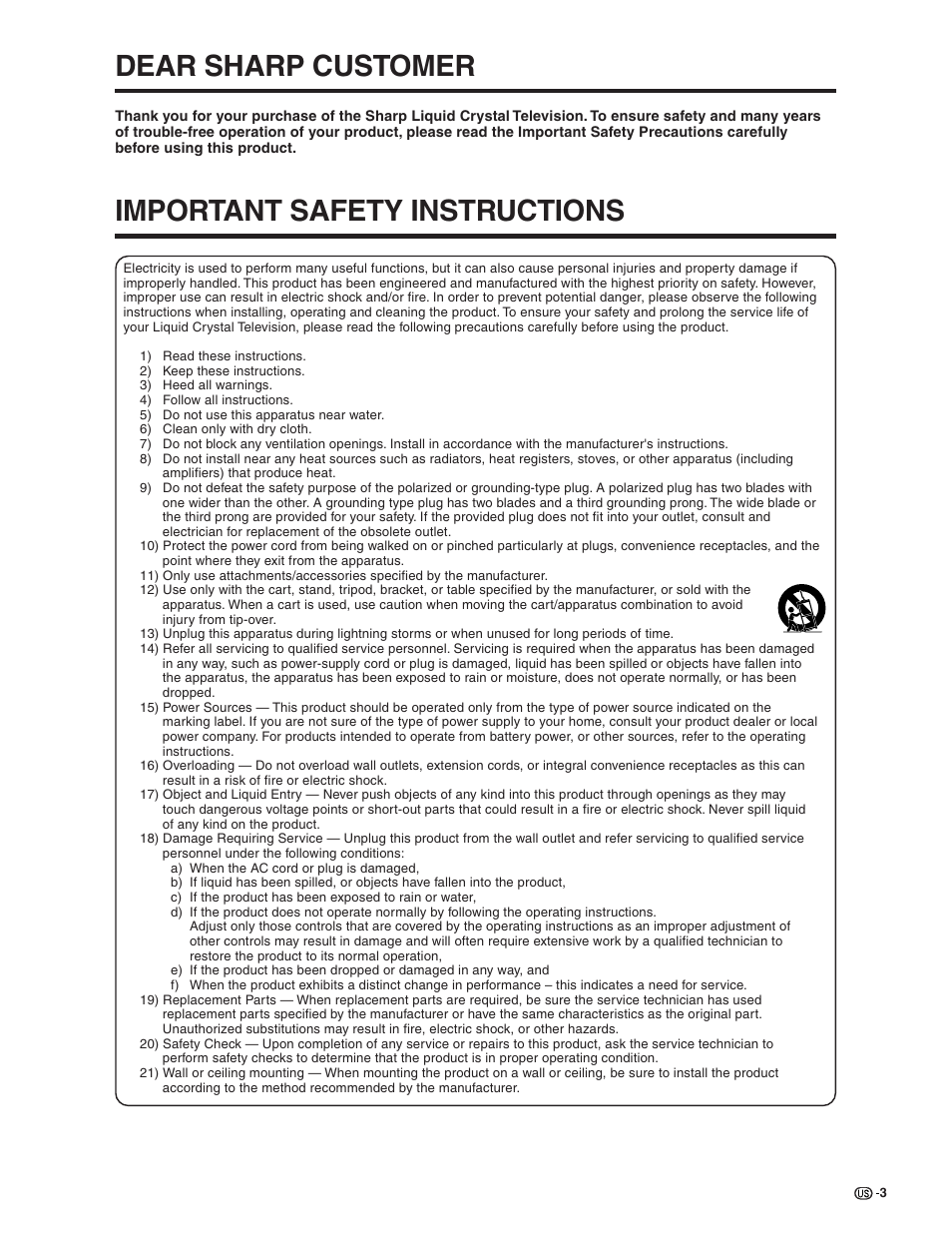 Dear sharp customer, Important safety instructions | Sharp Aquos LC 32G4U User Manual | Page 3 / 104