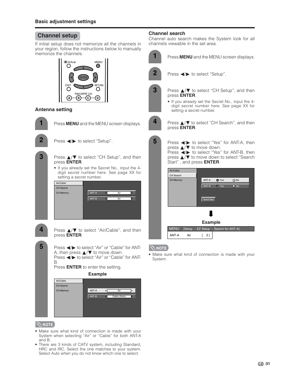 Channel setup, Basic adjustment settings, Channel search | Antenna setting | Sharp Aquos LC 32G4U User Manual | Page 31 / 104