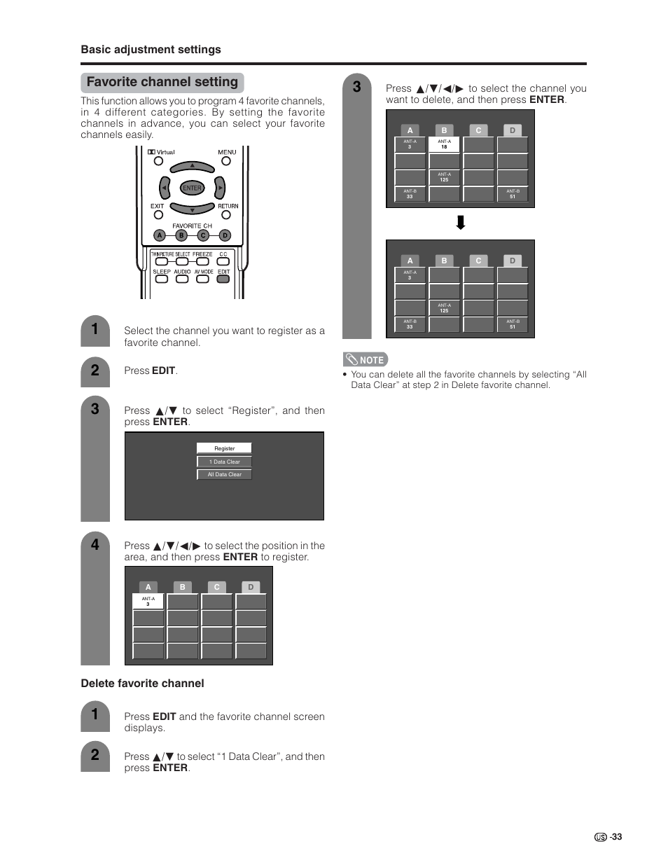 Favorite channel setting, Basic adjustment settings, Delete favorite channel | Sharp Aquos LC 32G4U User Manual | Page 33 / 104