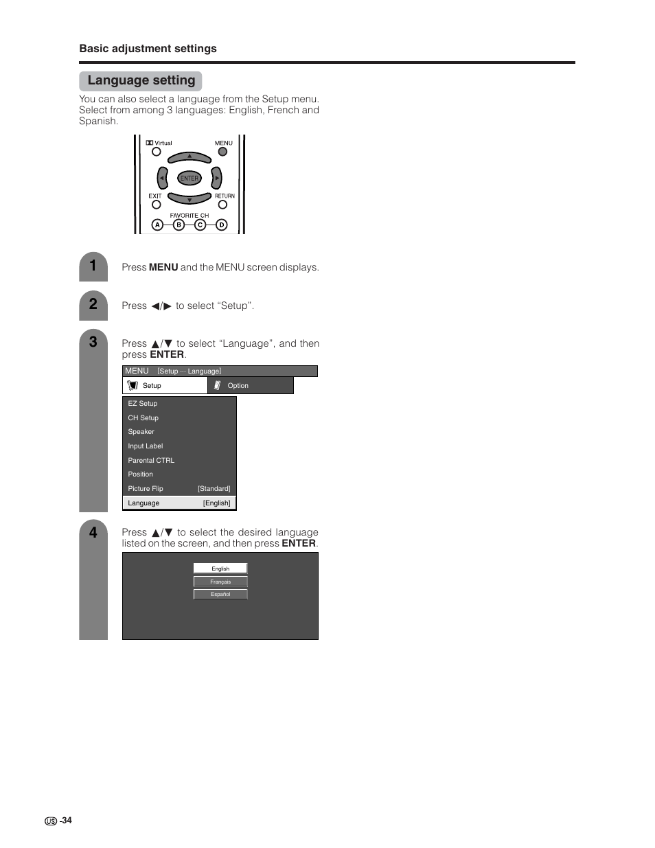 Language setting | Sharp Aquos LC 32G4U User Manual | Page 34 / 104