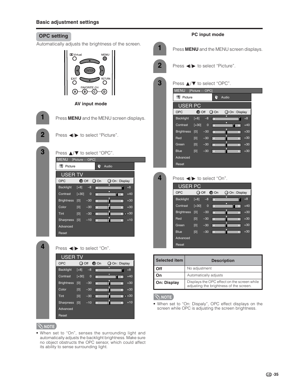 Opc setting, Basic adjustment settings, User tv | User pc | Sharp Aquos LC 32G4U User Manual | Page 35 / 104