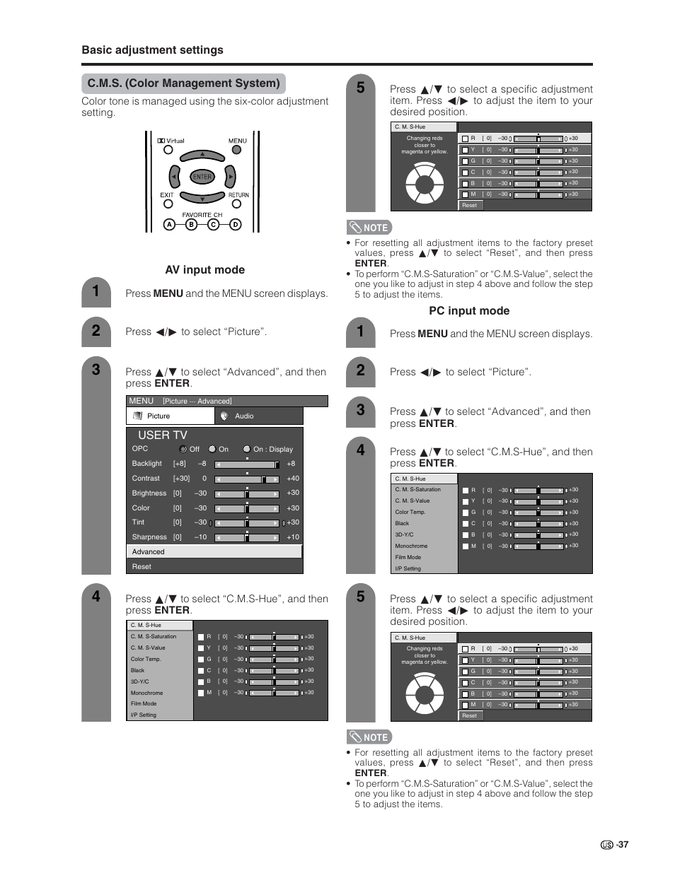 User tv, Av input mode pc input mode, Press c/d to select “picture | Sharp Aquos LC 32G4U User Manual | Page 37 / 104