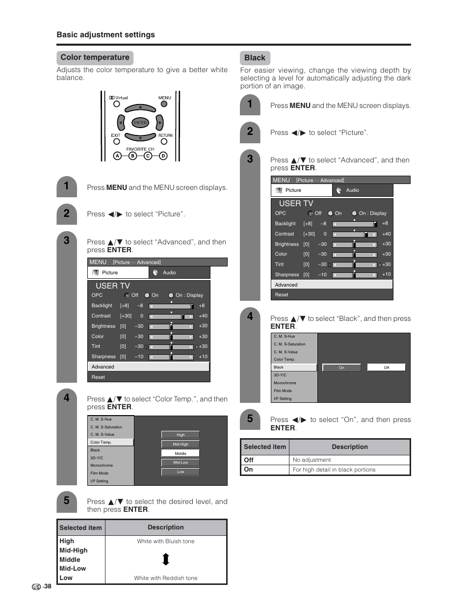 Basic adjustment settings color temperature, User tv, Black | Sharp Aquos LC 32G4U User Manual | Page 38 / 104