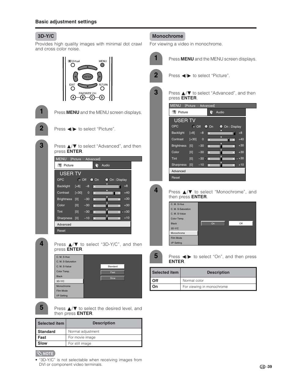 Basic adjustment settings 3d-y/c, User tv, Monochrome | Sharp Aquos LC 32G4U User Manual | Page 39 / 104