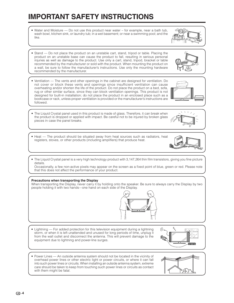 Important safety instructions | Sharp Aquos LC 32G4U User Manual | Page 4 / 104