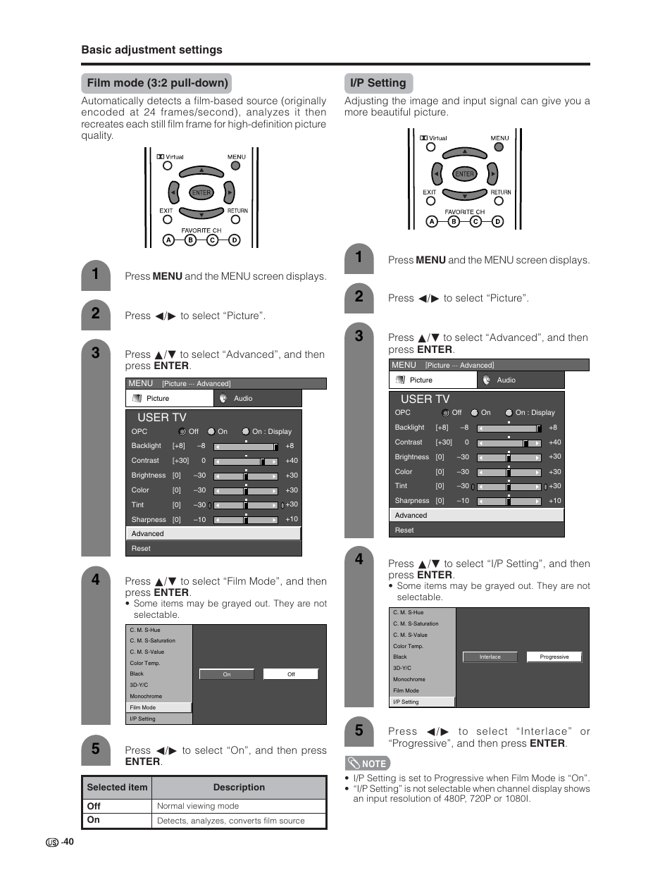 User tv, I/p setting | Sharp Aquos LC 32G4U User Manual | Page 40 / 104