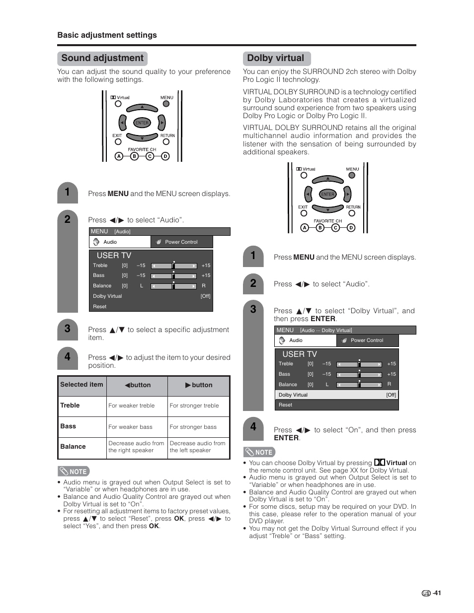 Sound adjustment, Dolby virtual | Sharp Aquos LC 32G4U User Manual | Page 41 / 104