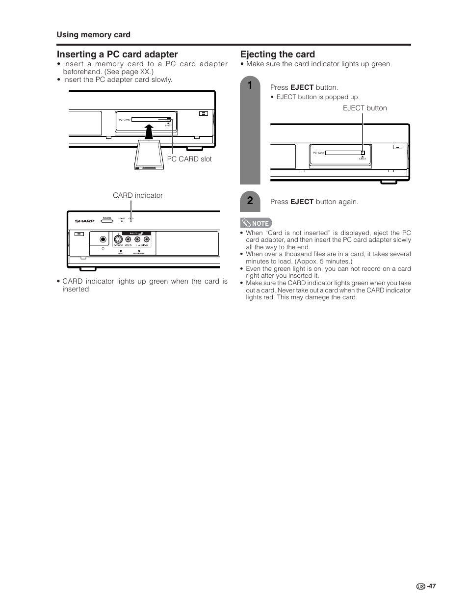 Inserting a pc card adapter, Ejecting the card | Sharp Aquos LC 32G4U User Manual | Page 47 / 104