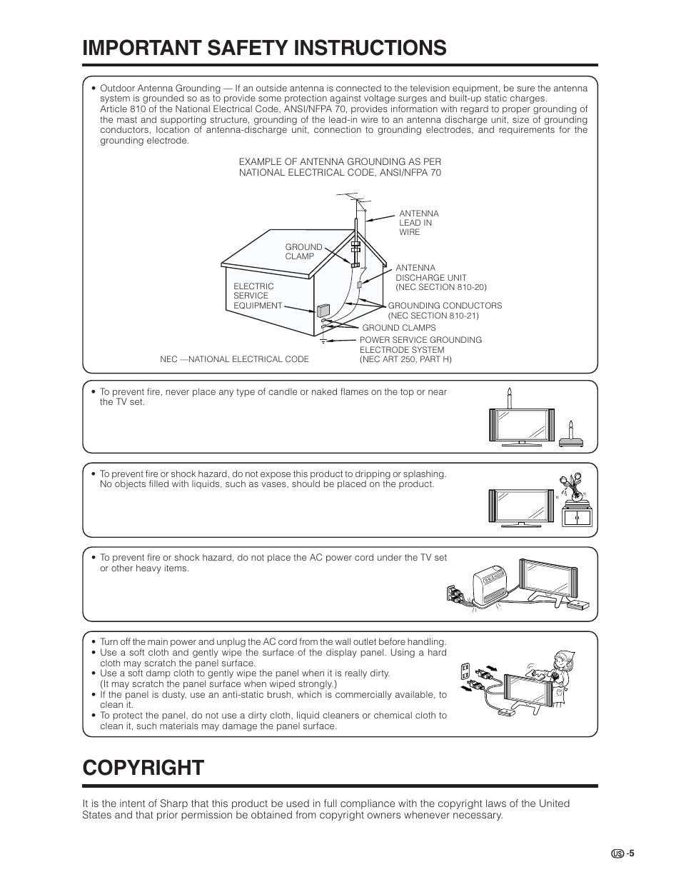 Important safety instructions, Copyright | Sharp Aquos LC 32G4U User Manual | Page 5 / 104