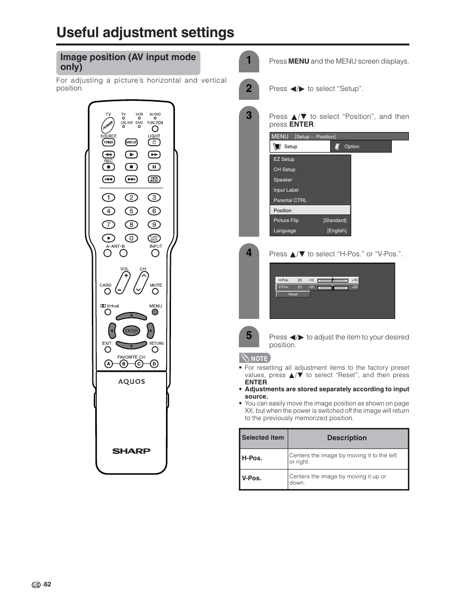 Useful adjustment settings, Image position (av input mode only) | Sharp Aquos LC 32G4U User Manual | Page 62 / 104