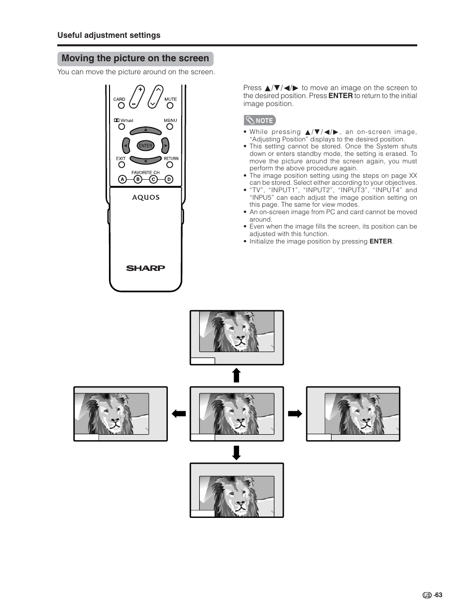 Moving the picture on the screen | Sharp Aquos LC 32G4U User Manual | Page 63 / 104