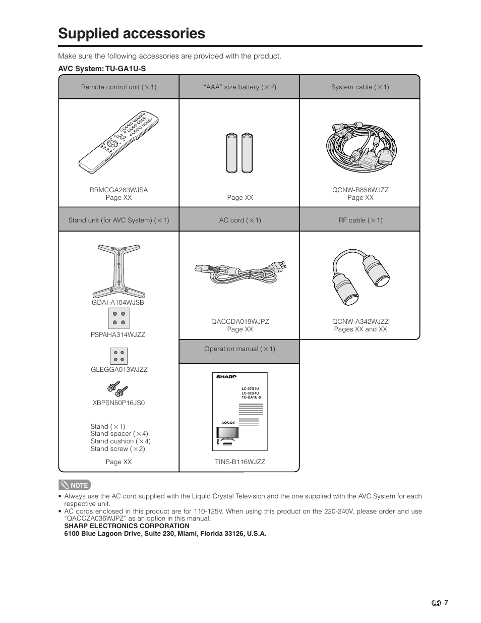 Supplied accessories | Sharp Aquos LC 32G4U User Manual | Page 7 / 104