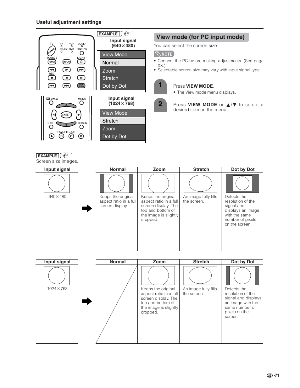 View mode (for pc input mode) | Sharp Aquos LC 32G4U User Manual | Page 71 / 104