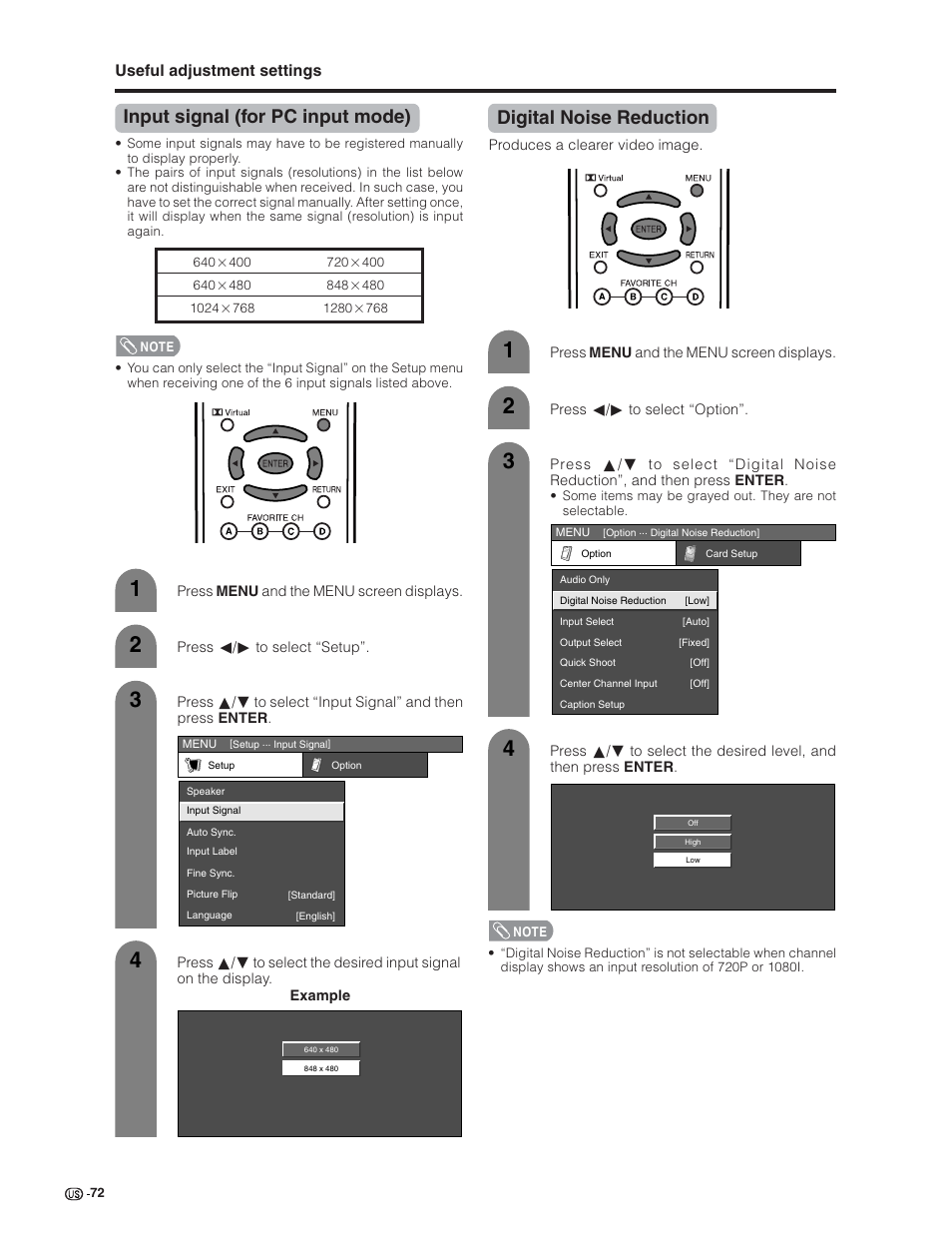 Input signal (for pc input mode), Digital noise reduction | Sharp Aquos LC 32G4U User Manual | Page 72 / 104