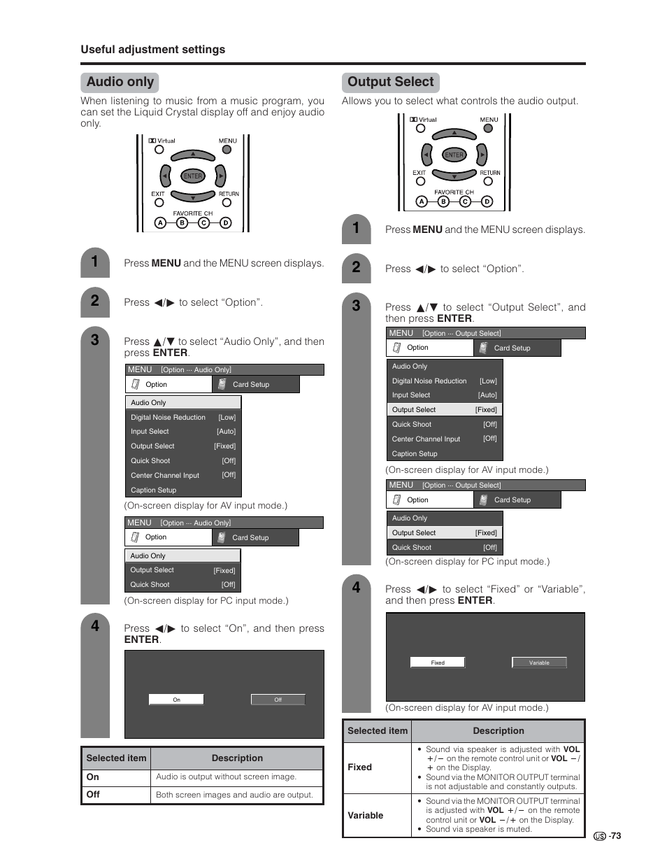 Output select, Audio only, Useful adjustment settings | Sharp Aquos LC 32G4U User Manual | Page 73 / 104