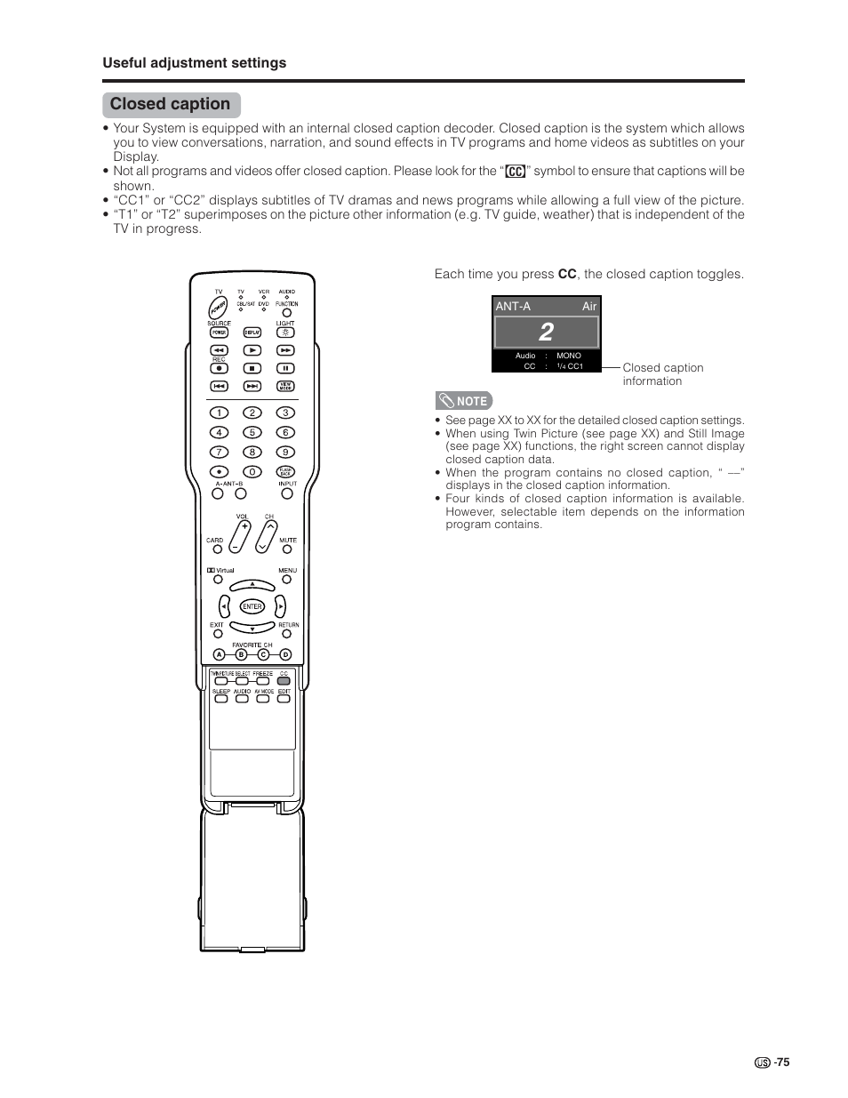 Closed caption, Useful adjustment settings | Sharp Aquos LC 32G4U User Manual | Page 75 / 104